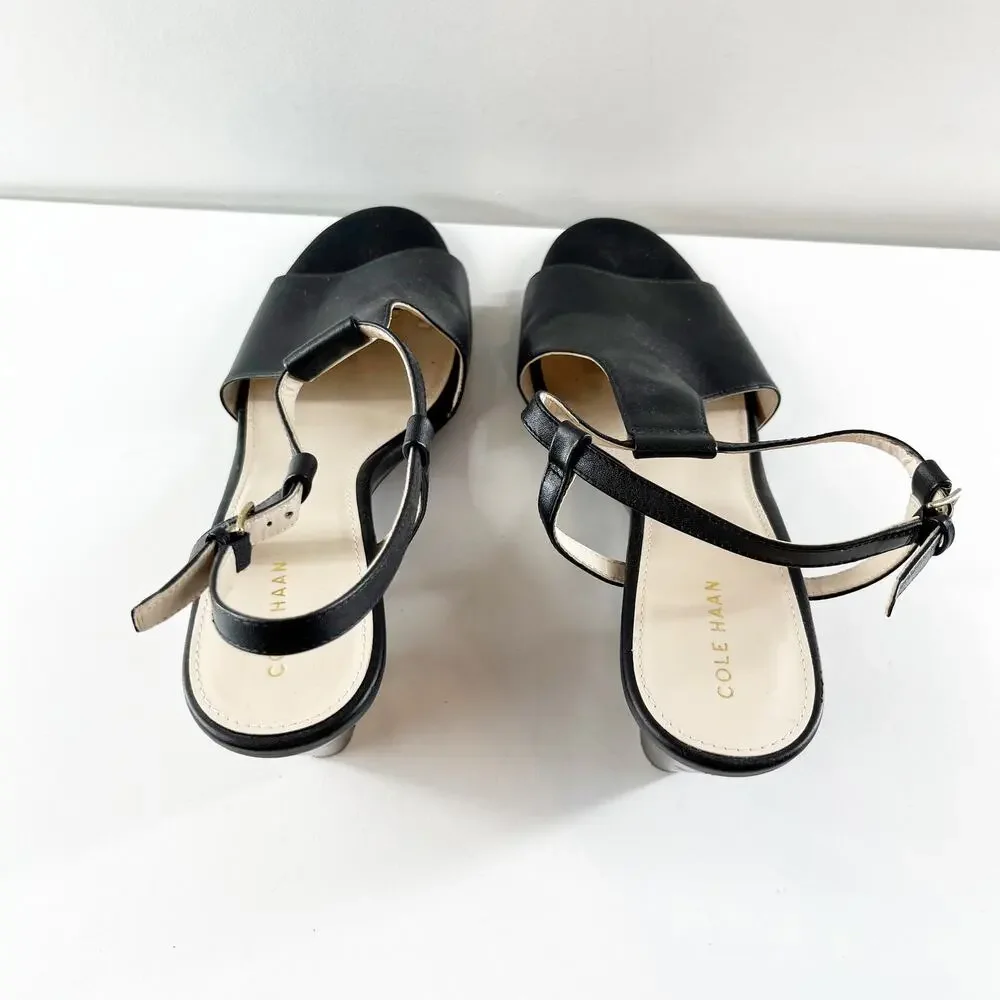 Cole Haan Maddie Open Toe Wedge Leather Shoes Sandals Black 9.5